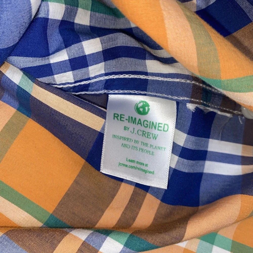 J. Crew Button Up‎ Shirt Men's Blue & Orange Plaid Slim Untucked Stretch Cotton